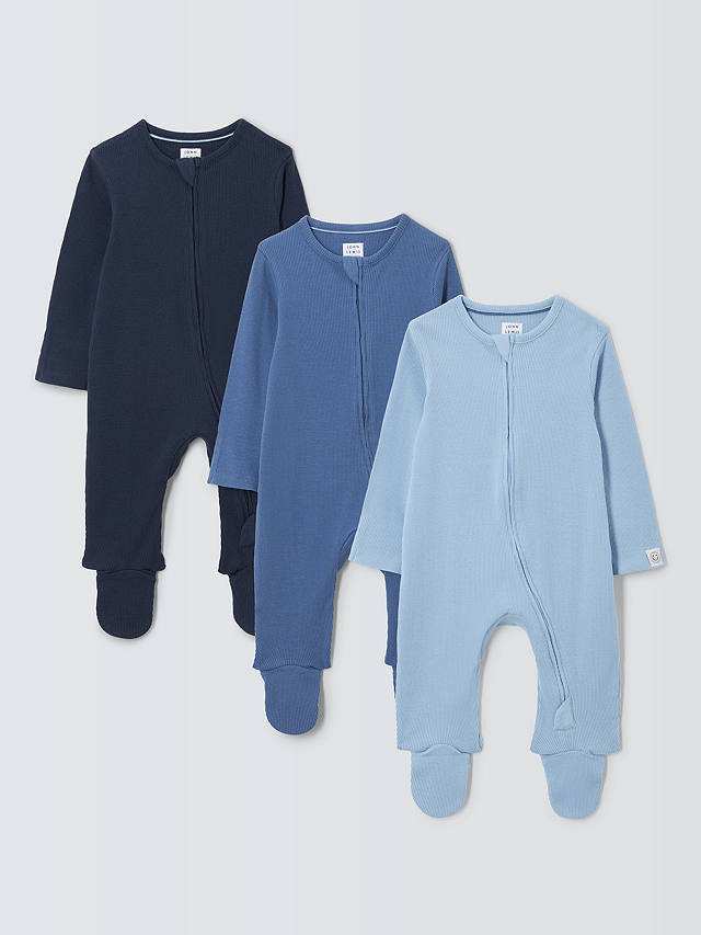 John Lewis Baby Two Way Zip Ribbed Cotton Sleepsuit, Pack of 3, Blue/Multi