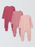 John Lewis Baby Two Way Zip Ribbed Cotton Sleepsuit, Pack of 3, Pink/Multi