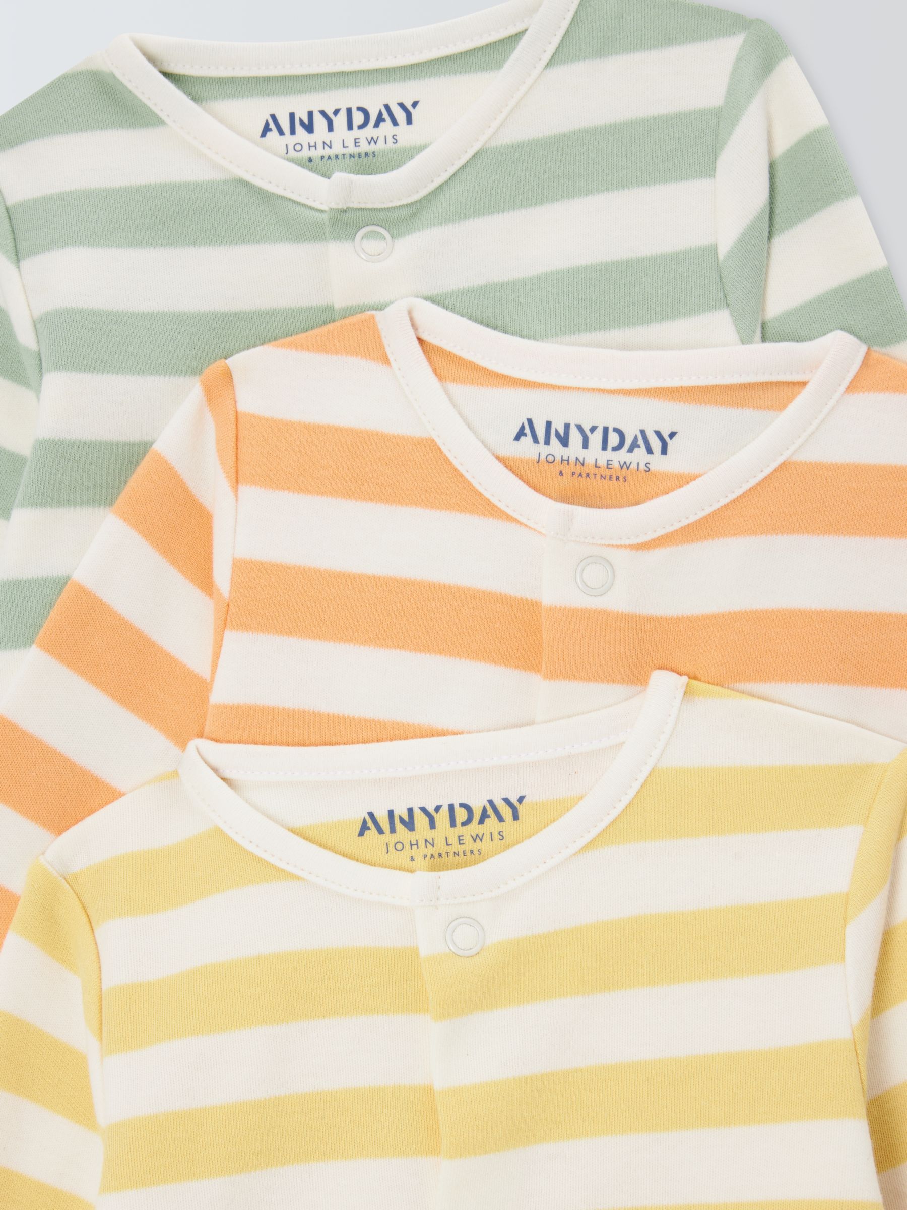 John Lewis ANYDAY Baby Stripe Sleepsuit, Pack of 3, Multi, 6-9 months