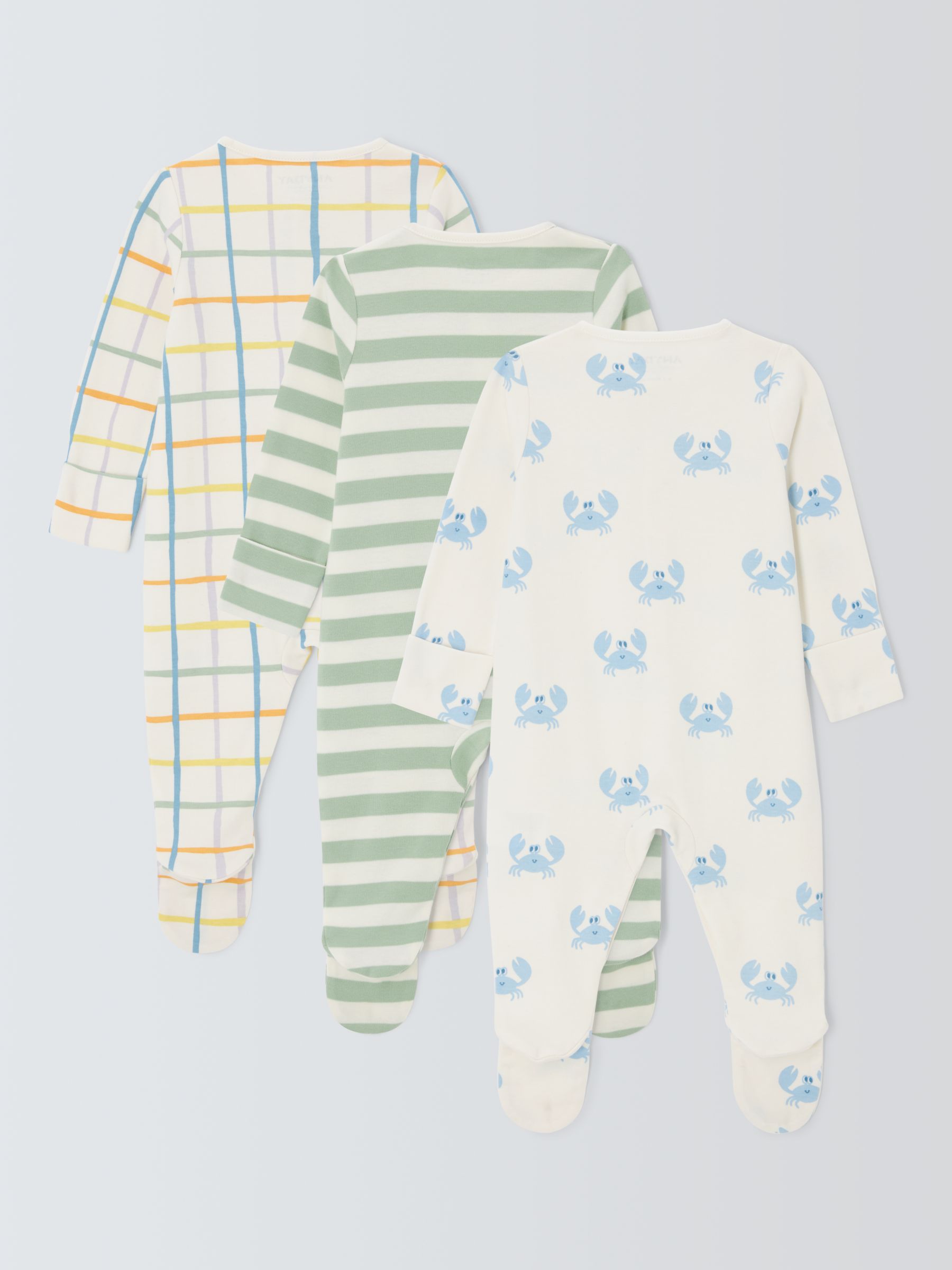 John Lewis ANYDAY Baby Crab Stripe Sleepsuit, Pack of 3, Blue/Multi, 9-12 months