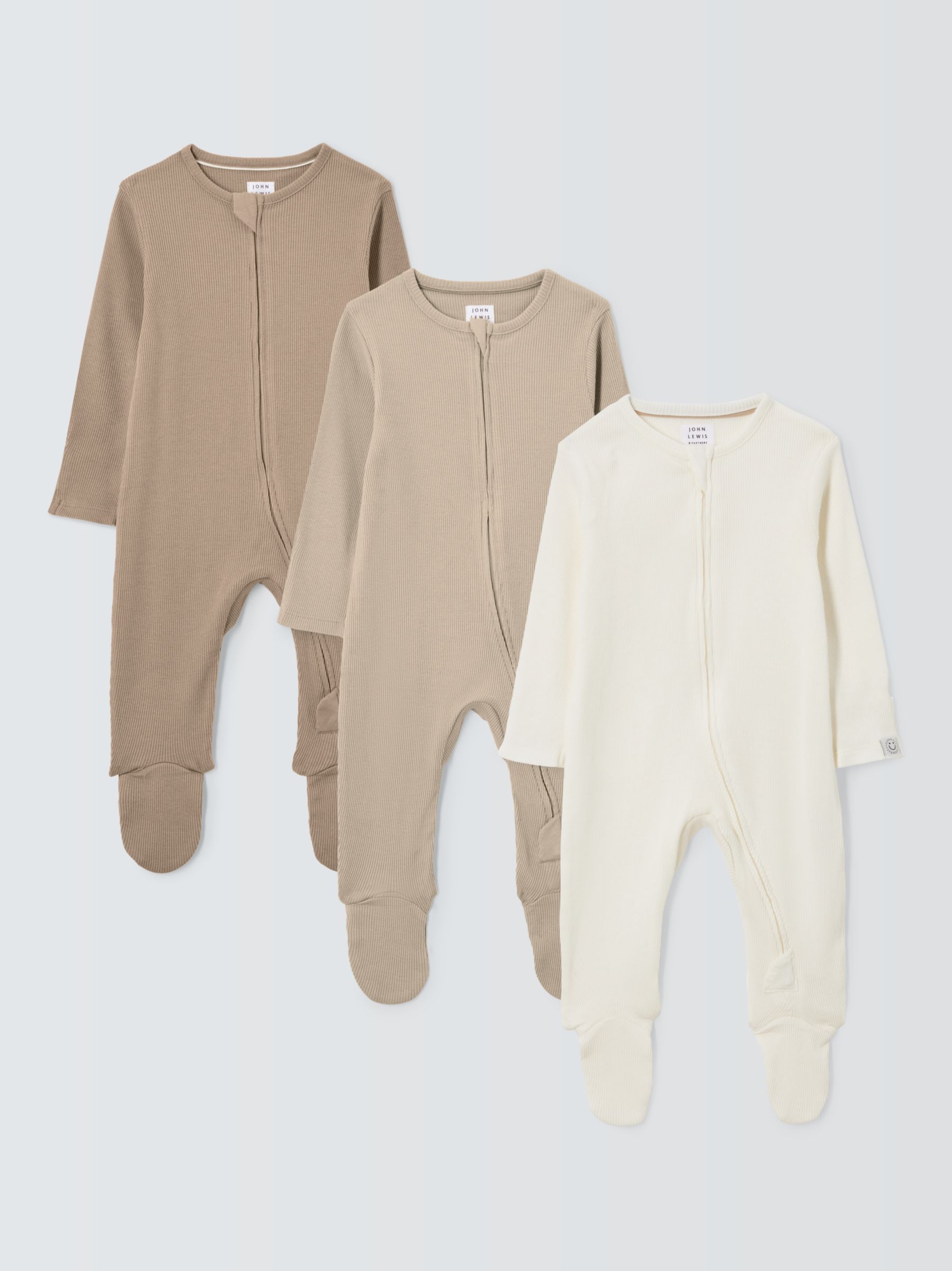John Lewis Baby Two Way Zip Ribbed Sleepsuit, Pack of 3, Neutrals, 3-6 months
