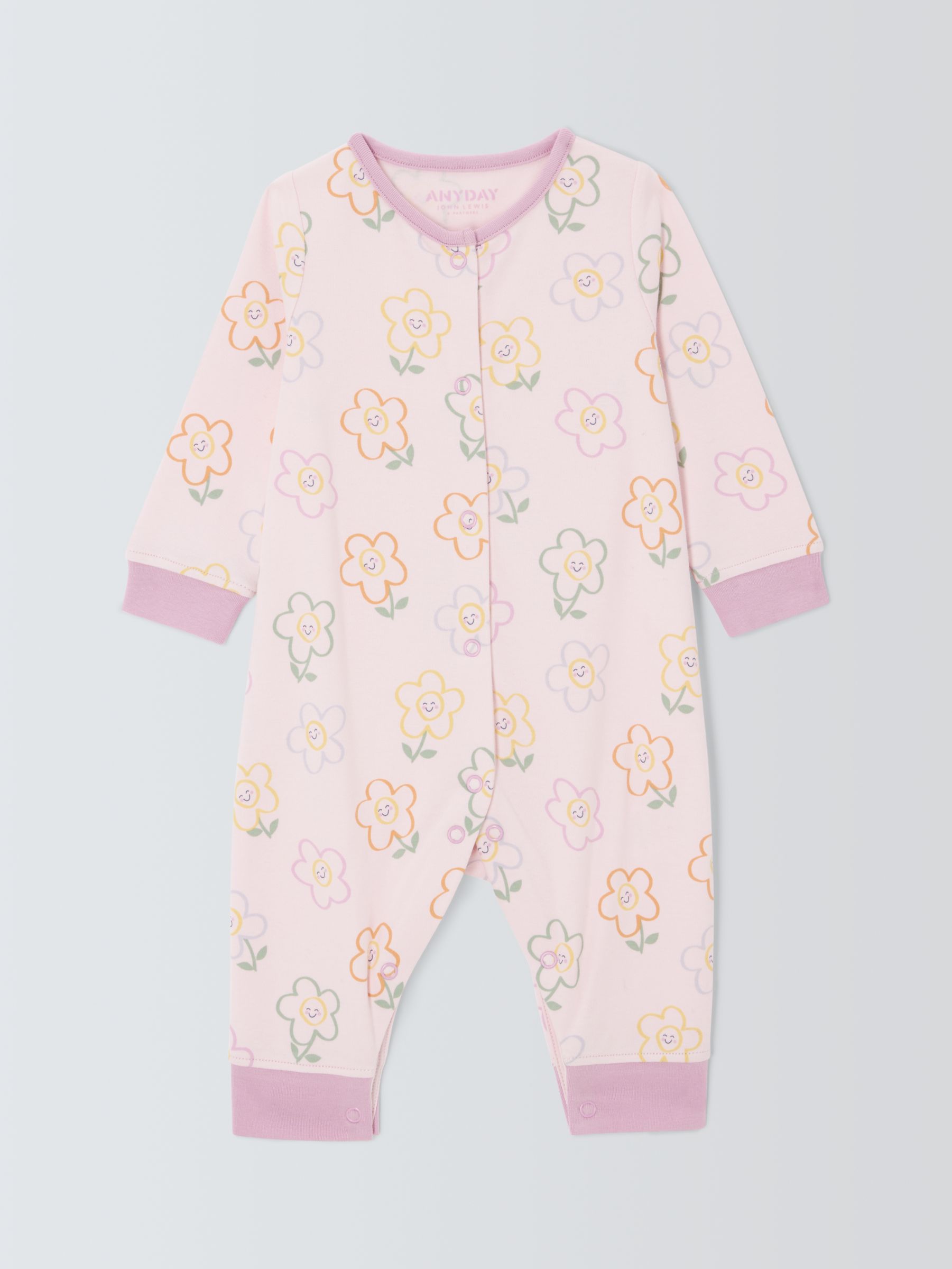 John Lewis ANYDAY Baby Cotton Floral Sleepsuit, Pink, 3-6 months