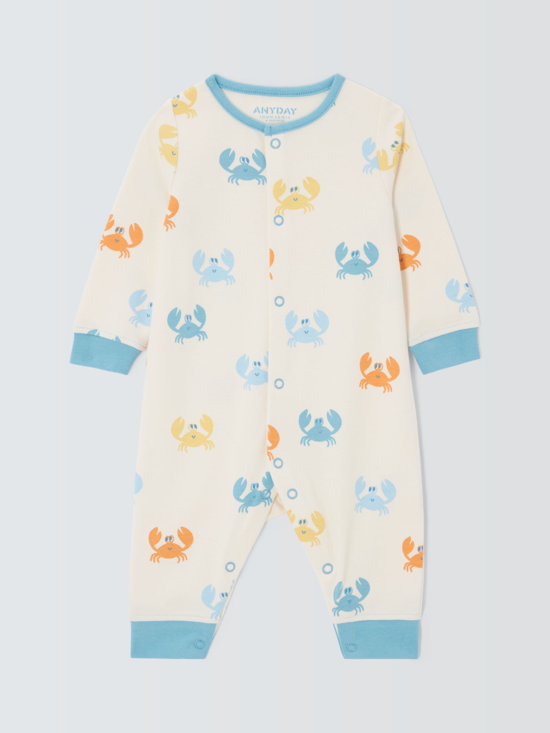 John Lewis ANYDAY Baby Cotton Crab Print Sleepsuit, Blue, 9-12 months