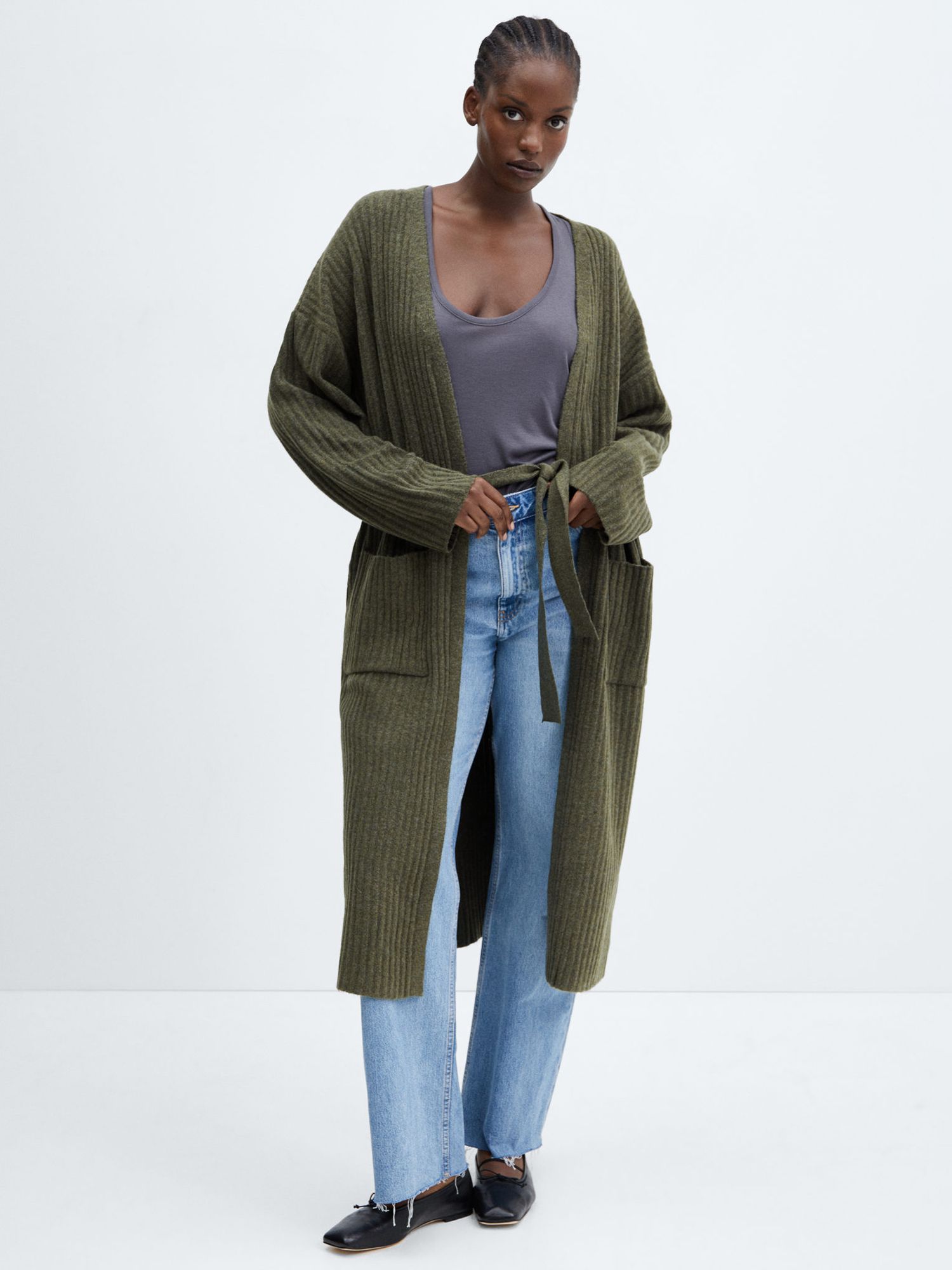 Mango Bowl Long Cable Knit Cardigan, Beige/Khaki at John Lewis & Partners