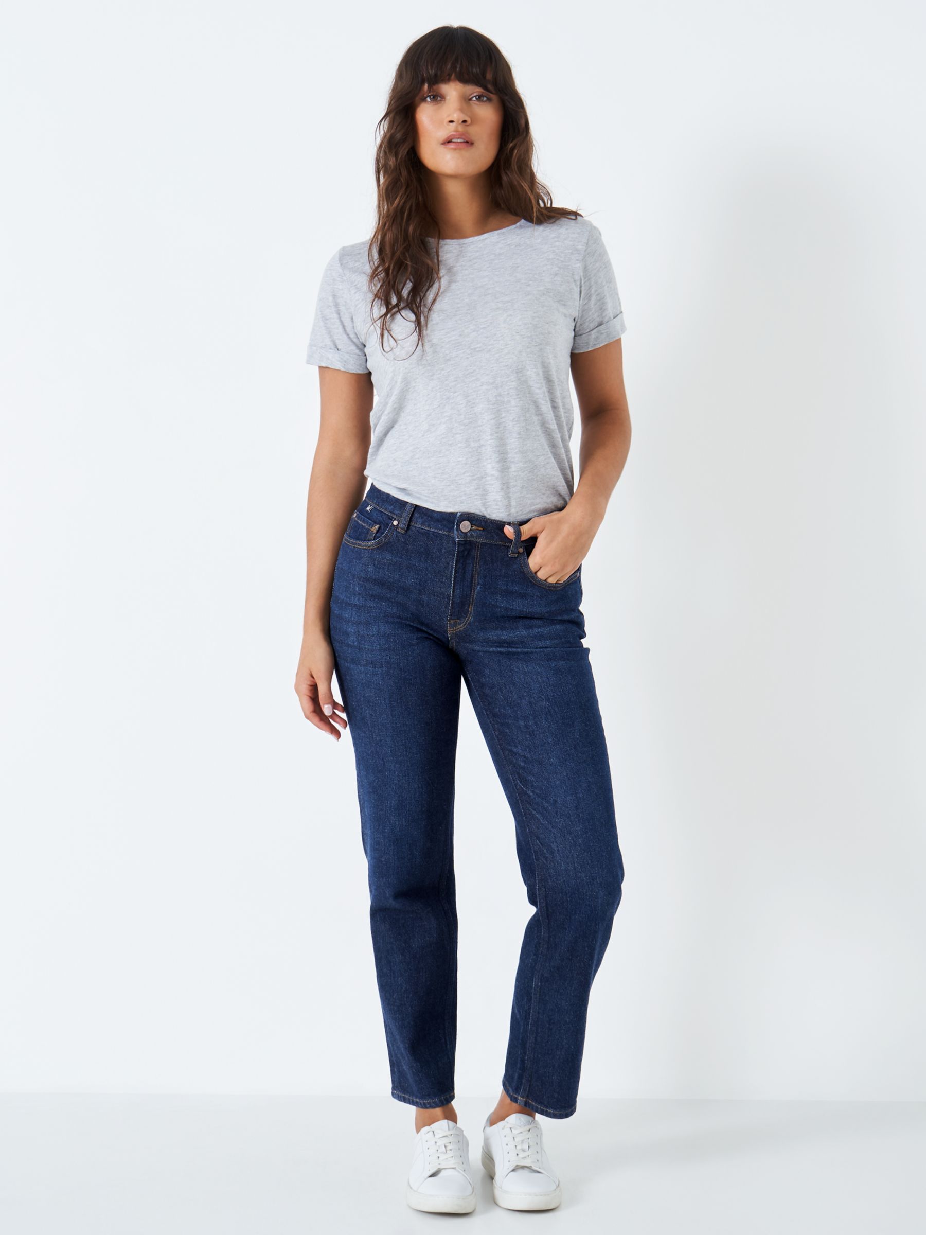 Crew Clothing High Waisted Girlfriend Jeans, Mid Blue at John Lewis ...