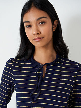 Crew Clothing Frill Collar Tie Front Top, Navy Blue