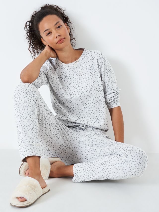 Crew Clothing Star Print Long Pyjamas, Graphite Grey, XS