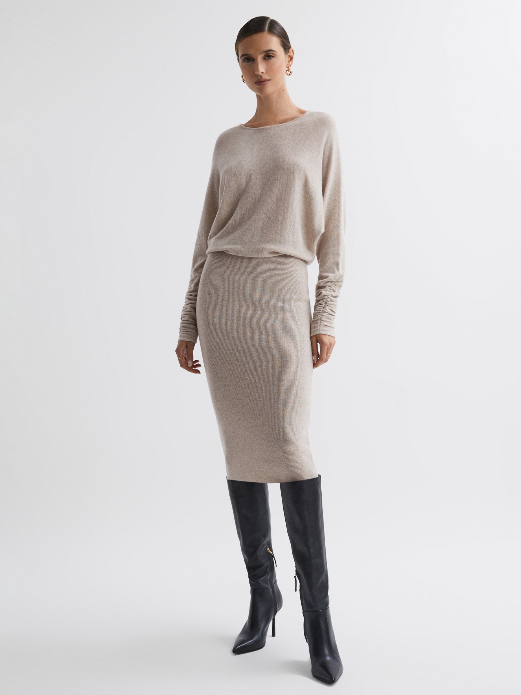 Reiss Leila Knitted Long Sleeve Midi Dress, Stone, XS