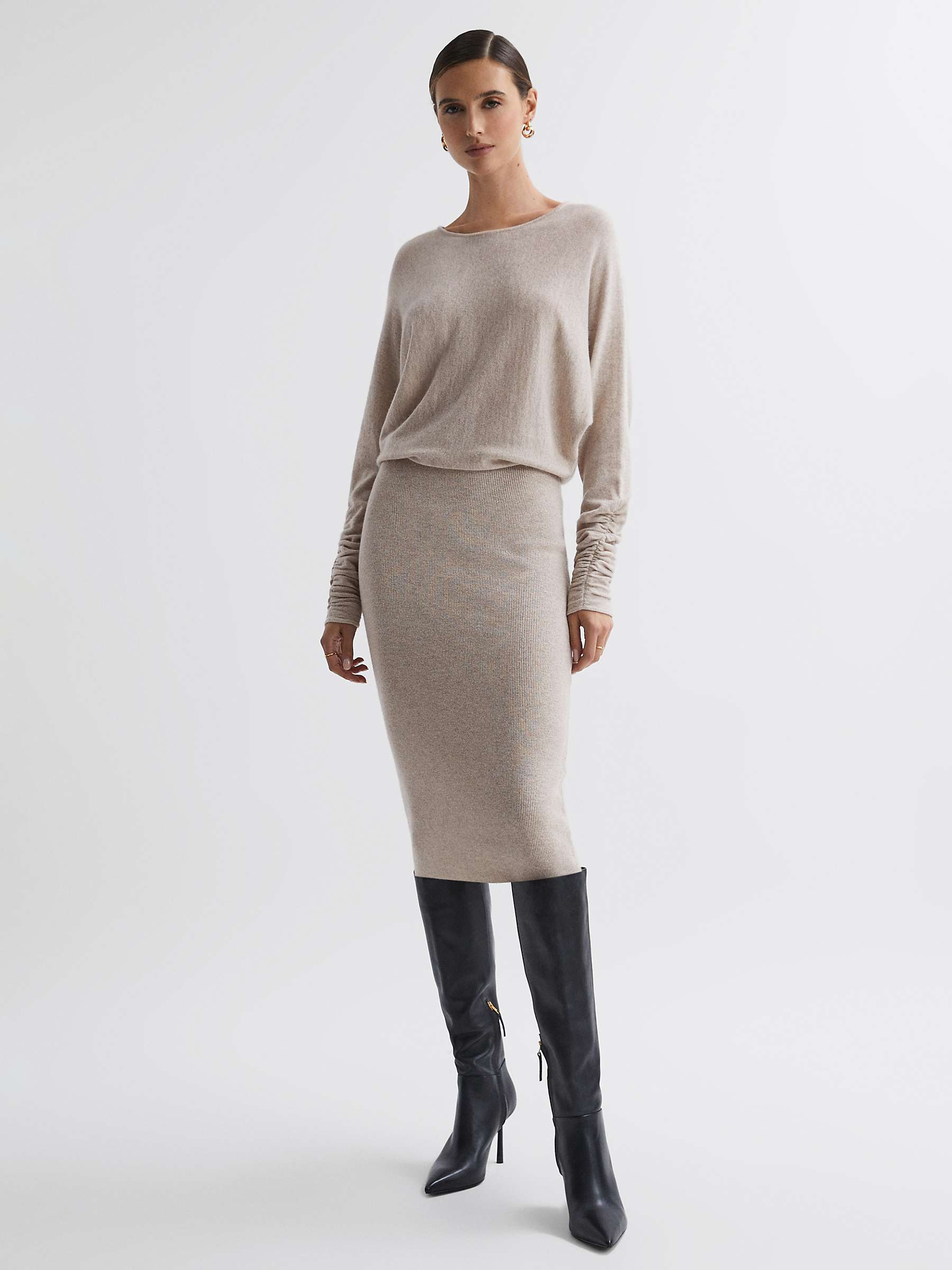 Reiss Leila Knitted Long Sleeve Midi Dress, Stone at John Lewis & Partners