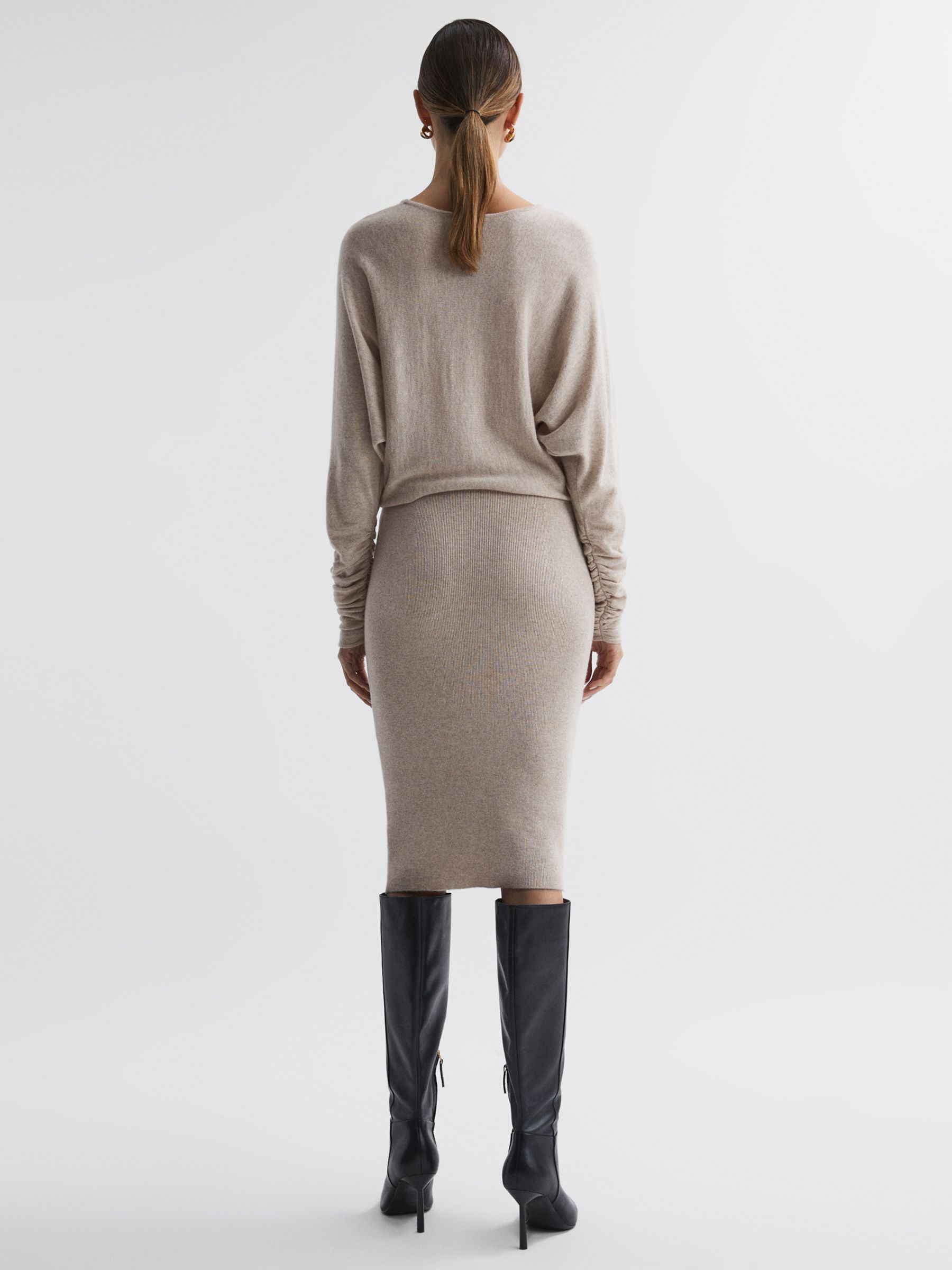 Reiss Leila Knitted Long Sleeve Midi Dress, Stone, XS