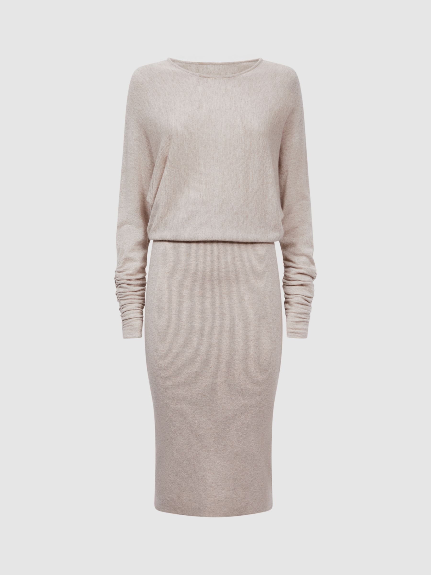 Reiss Leila Knitted Long Sleeve Midi Dress, Stone, XS