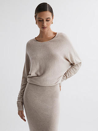 Reiss Leila Knitted Long Sleeve Midi Dress, Stone