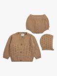 The Little Tailor Baby Cotton Pointelle Knit Cardigan, Knickers & Bonnet Gift Set, Tan Brown
