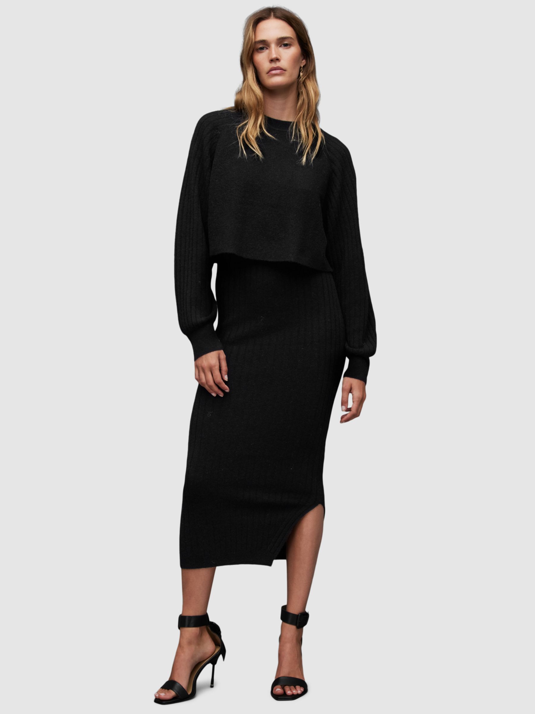 AllSaints Margot 2 in 1 Ribbed Midi Dress Black at John Lewis