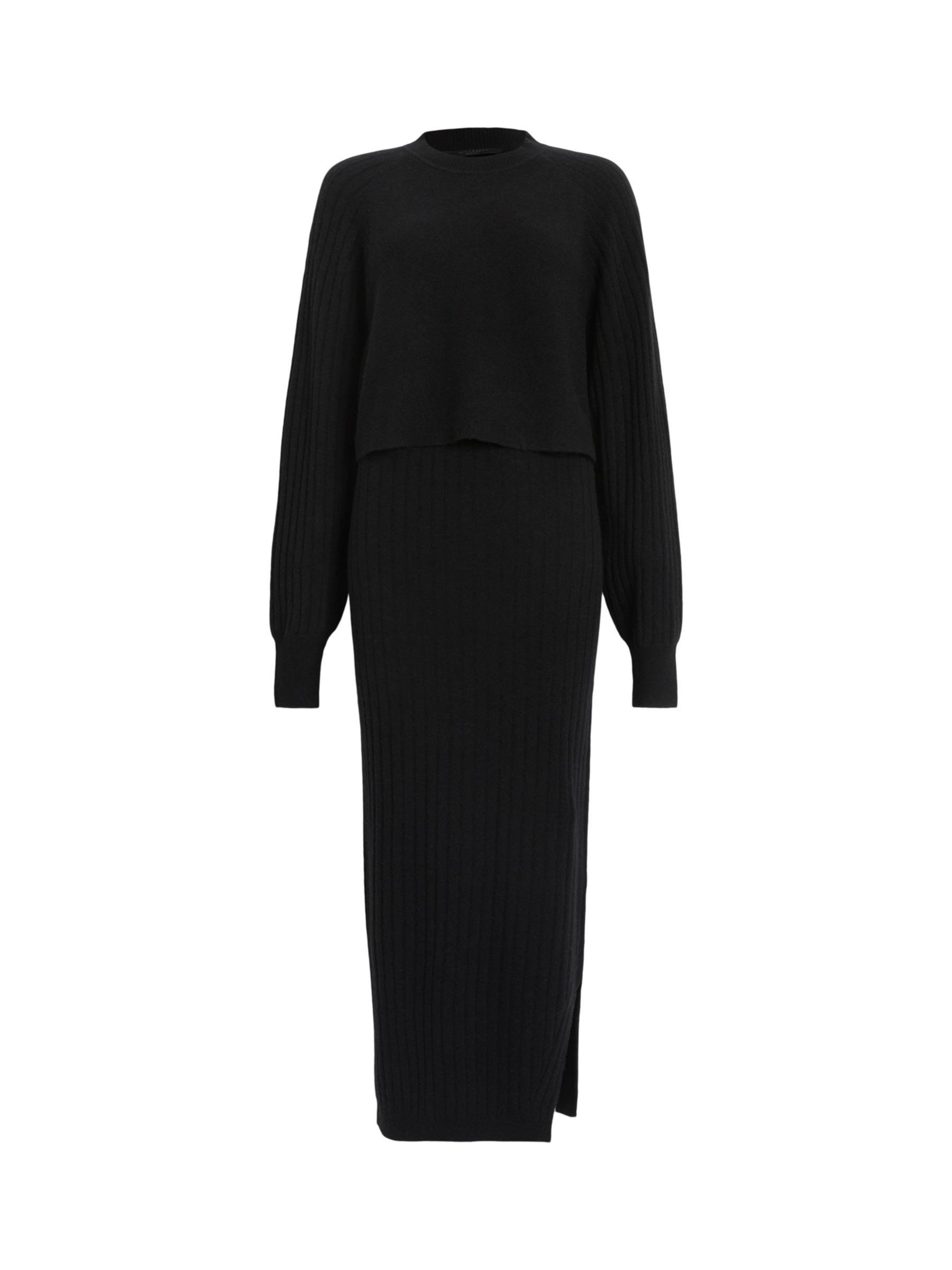 AllSaints Margot 2-in-1 Ribbed Midi Dress, Black at John Lewis & Partners