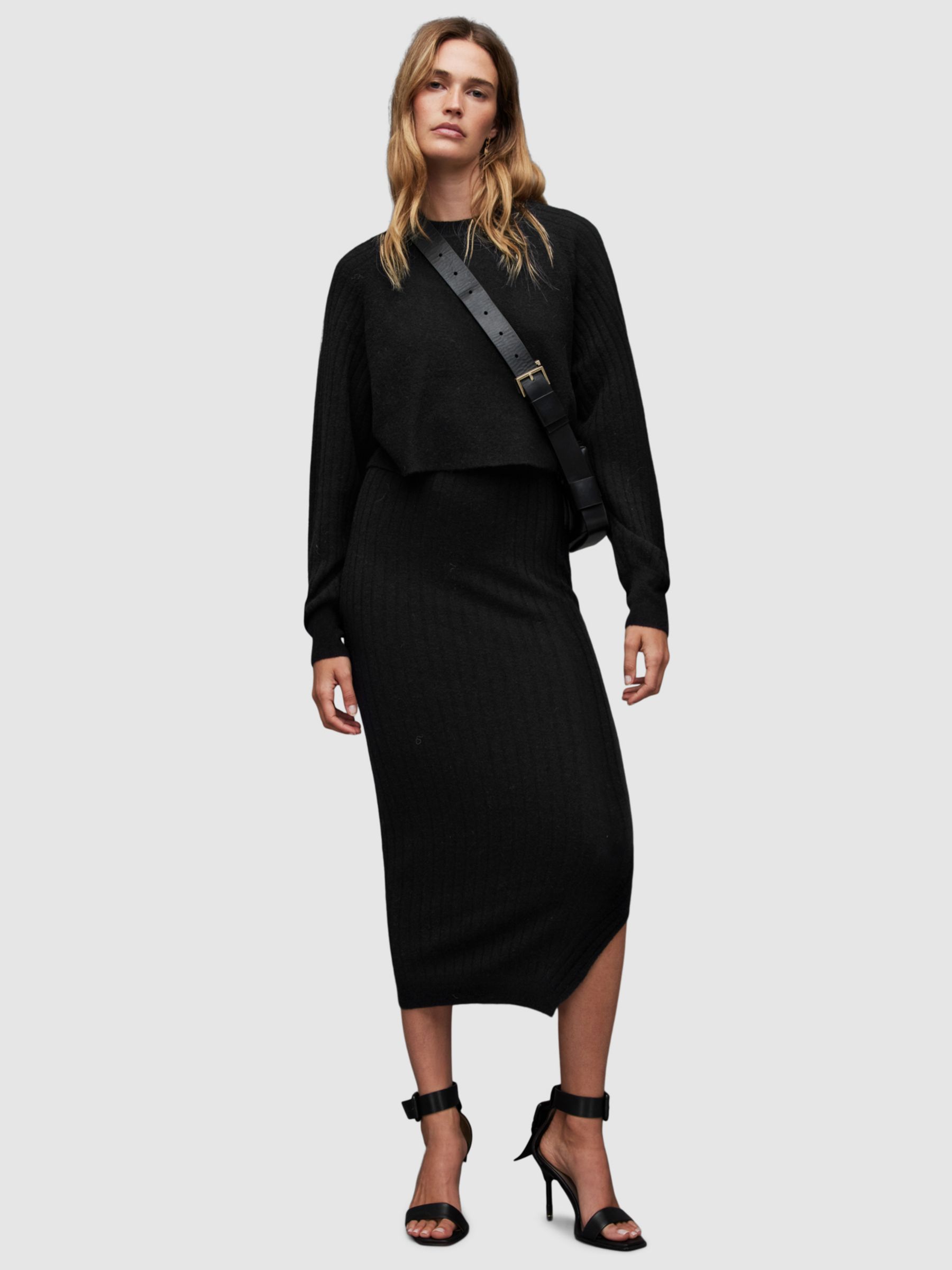 AllSaints Margot 2-in-1 Ribbed Midi Dress, Black at John Lewis & Partners