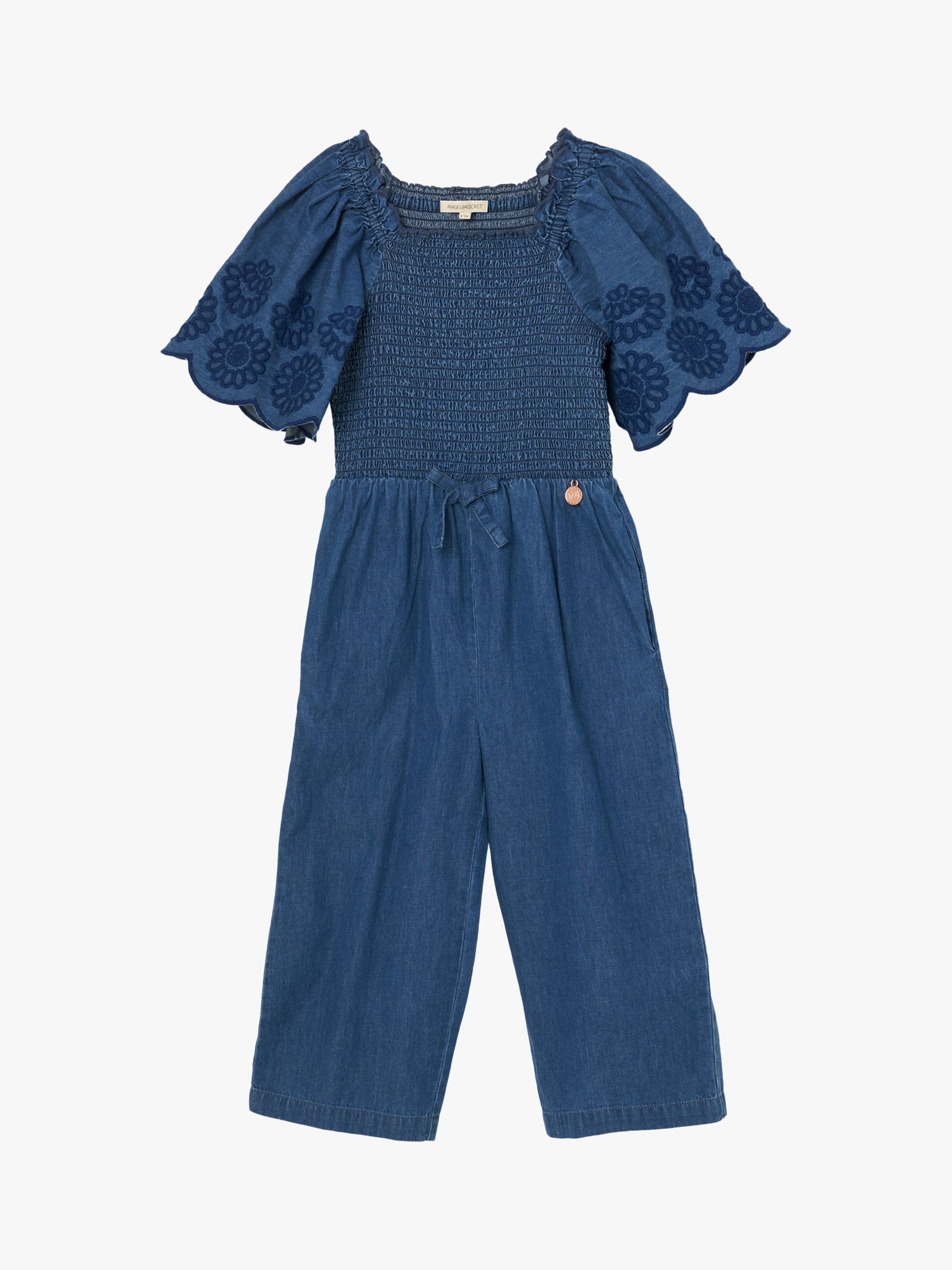 Buy Angel & Rocket Kids' Savanah Broderie Sleeve Shirred Denim Jumpsuit, Blue Online at johnlewis.com