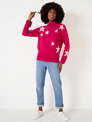 Crew Clothing Roll Neck Star Jumper, Scarlet Red/White