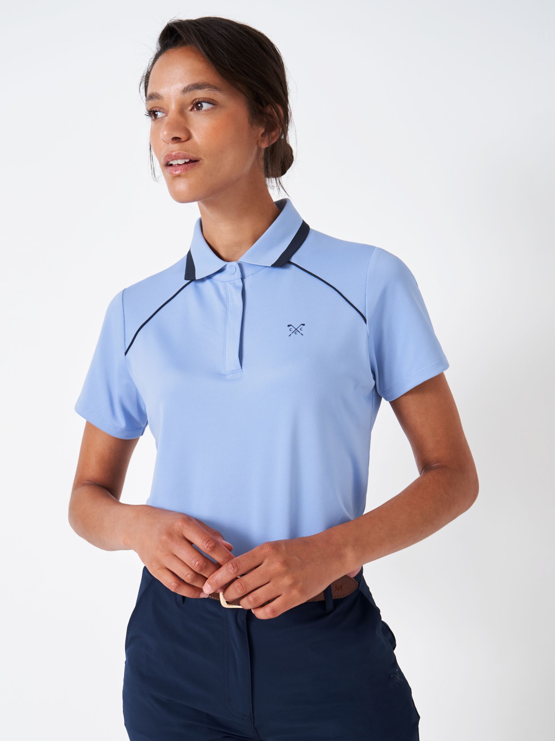Crew Clothing Piped Cotton Golf Polo Shirt, Light Blue, 16