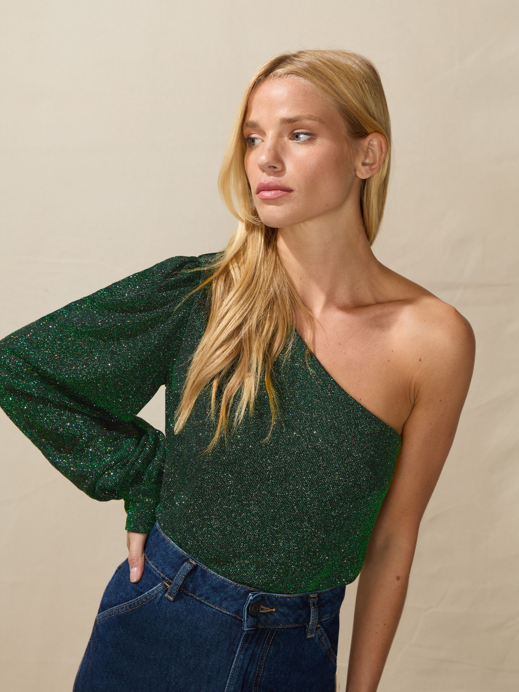 Ro&Zo Sparkle One Shoulder Top, Green, 16