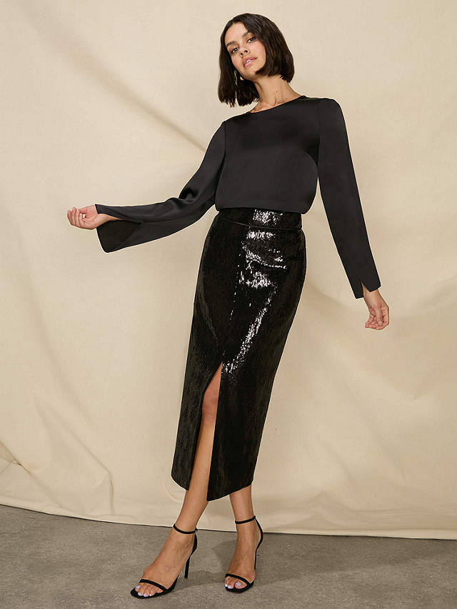 Ro&Zo Petite Sequin Split Front Skirt, Black