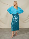 Ro&Zo Sequin Twist Front Midi Skirt, Blue, Blue