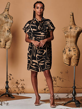 Jolie Moi Abstract Print Tunic Mini Dress, Stone/Black