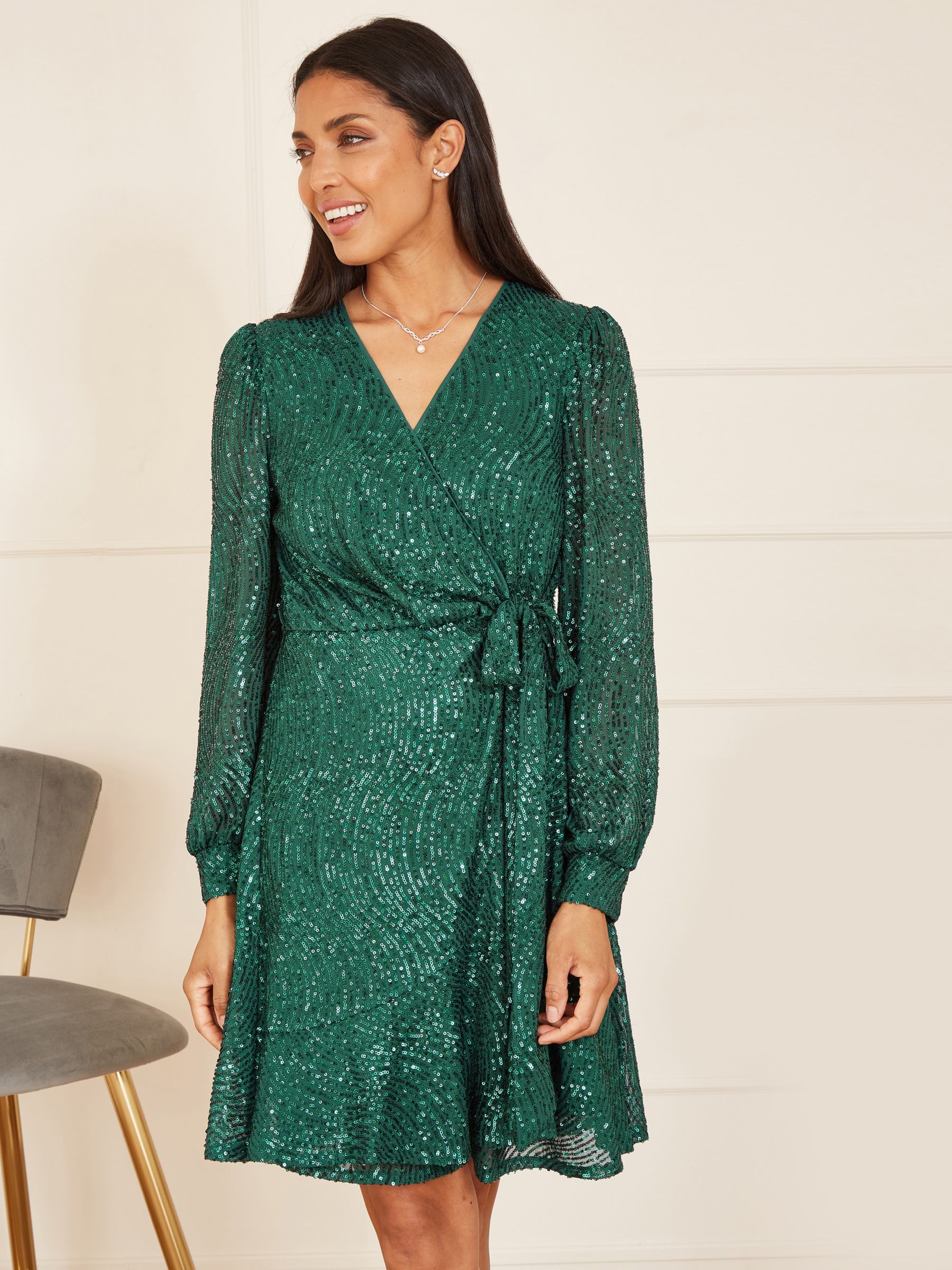 Yumi Sequin Frill Wrap Dress, Green at John Lewis & Partners