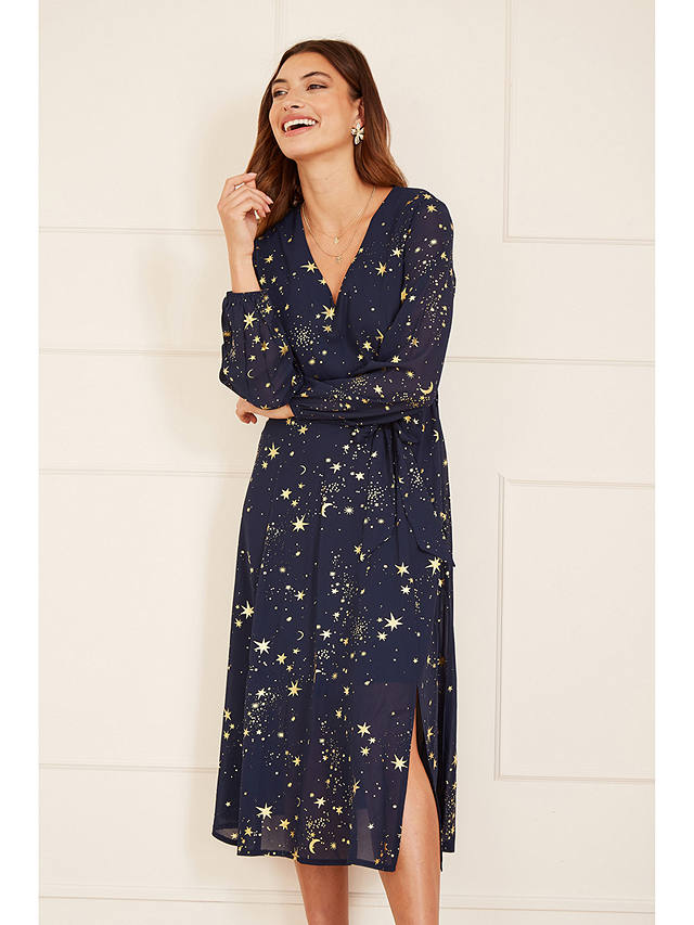 Yumi Mela London Foil Star Print Long Sleeve Midi Dress, Navy