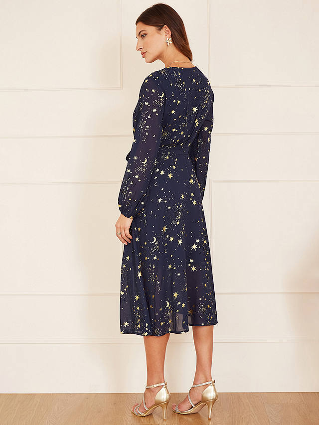 Yumi Mela London Foil Star Print Long Sleeve Midi Dress, Navy