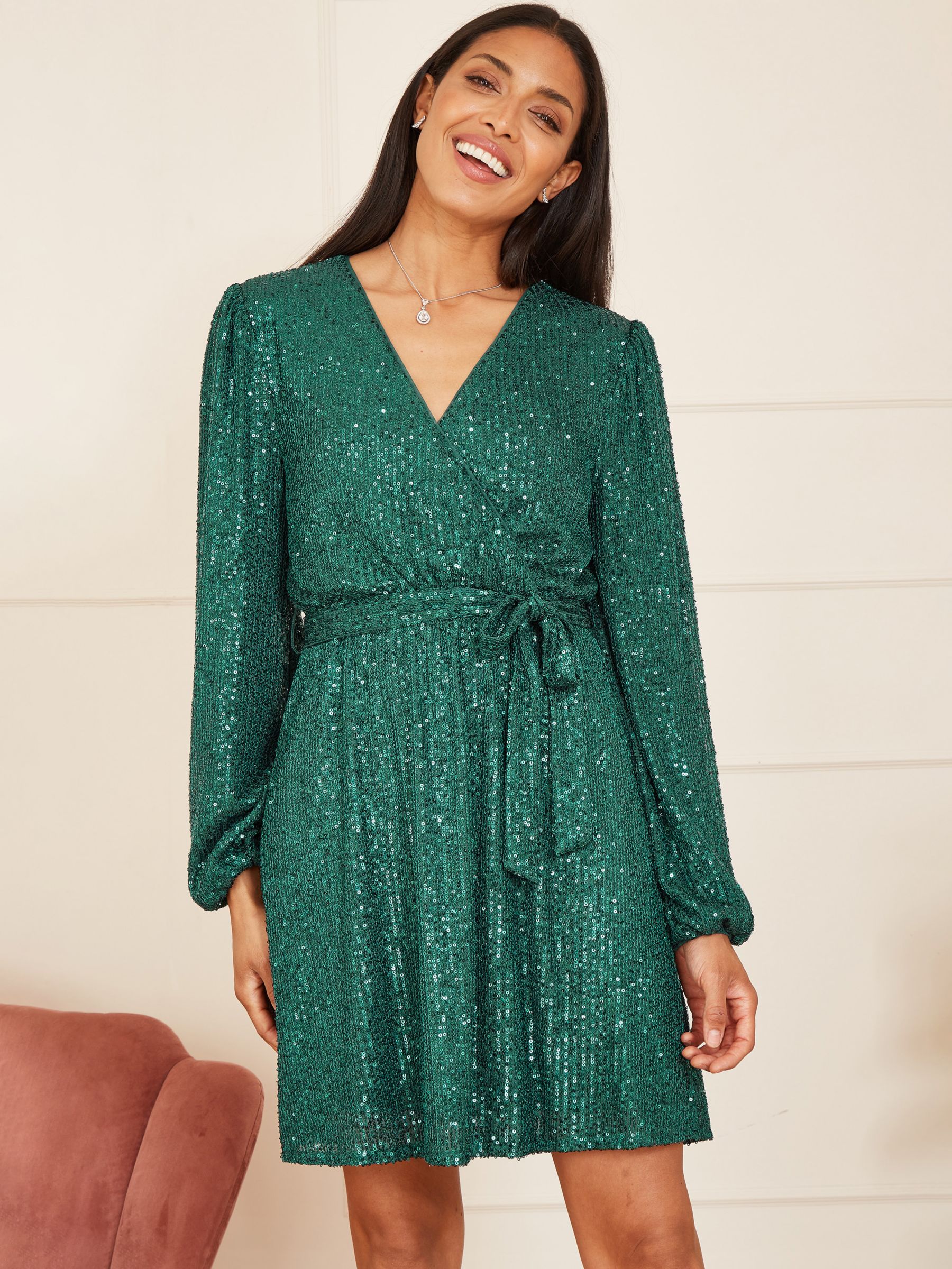 Mela London Sequin Belted Wrap Dress, Green at John Lewis & Partners