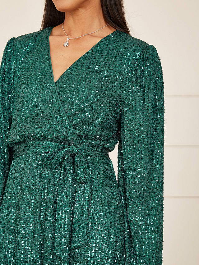 Mela London Sequin Belted Wrap Dress, Green at John Lewis & Partners