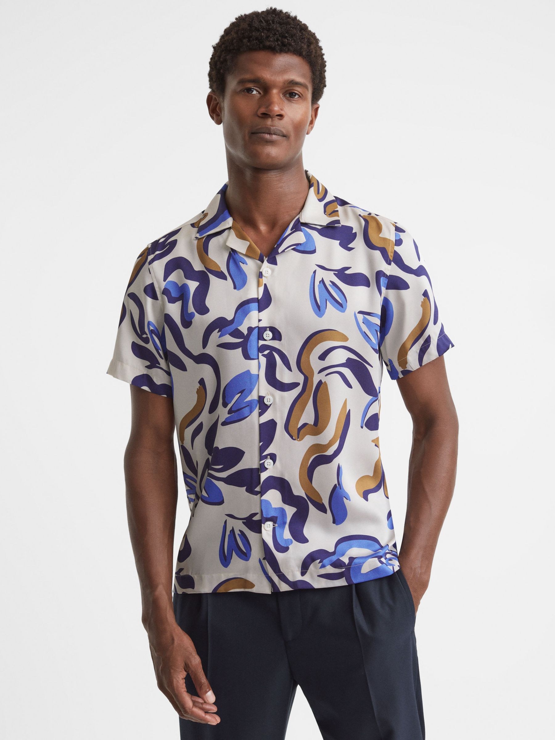Reiss Scout Abstract Print Cuban Collar Shirt, Multi