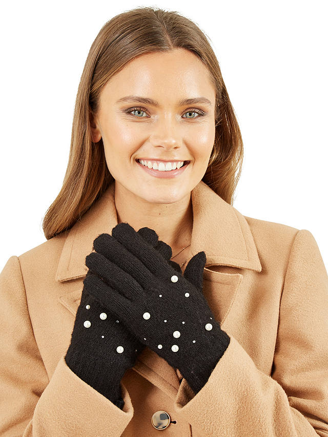 Yumi Knitted Embellished Gloves, Black