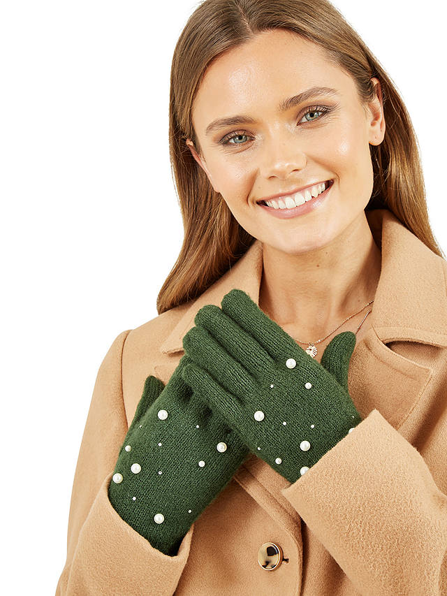 Yumi Knitted Embellished Gloves, Green