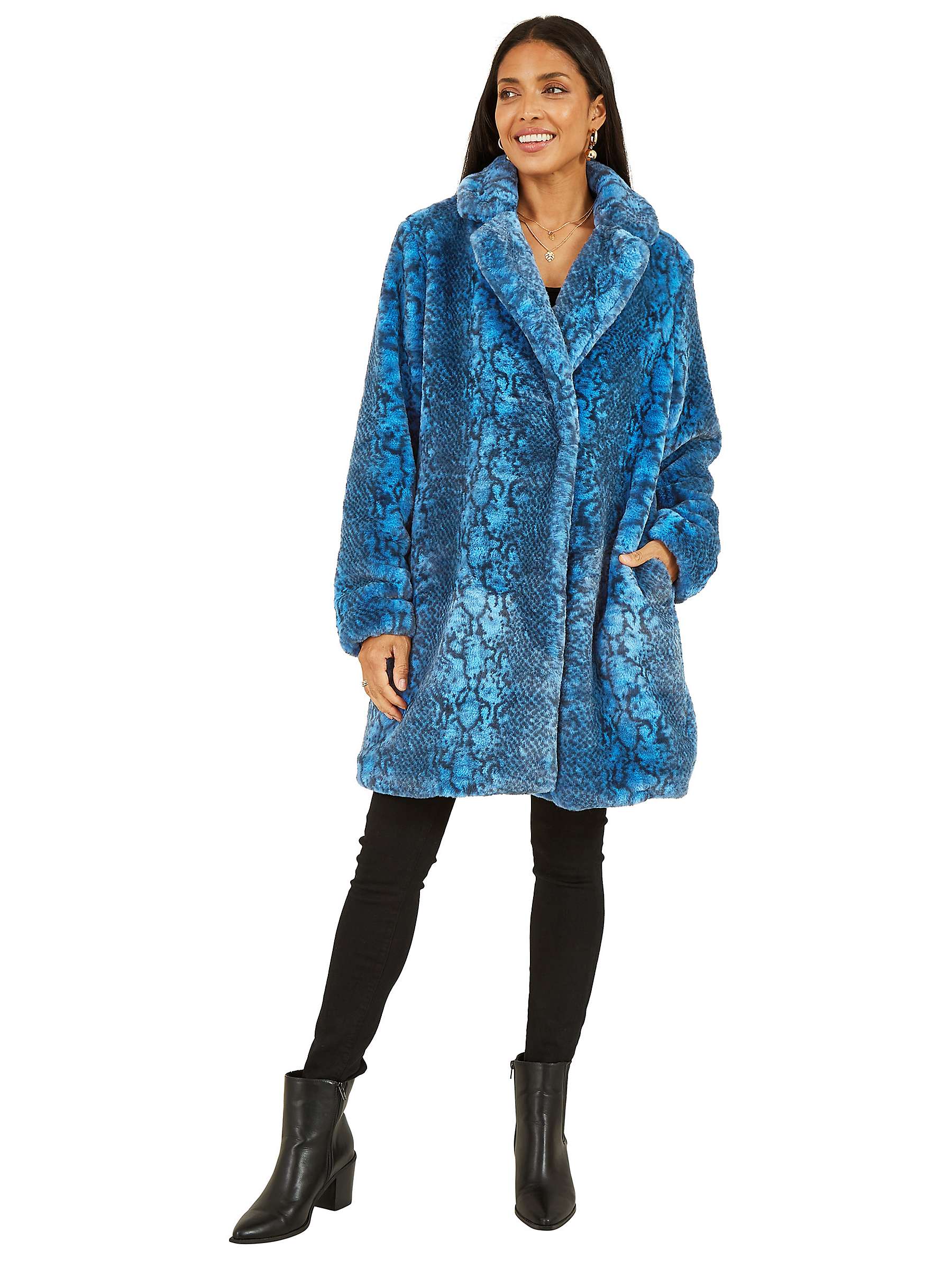 Yumi Snakeskin Print Faux Fur Coat, Blue at John Lewis & Partners