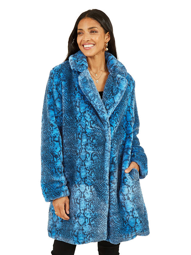 Yumi Snakeskin Print Faux Fur Coat, Blue
