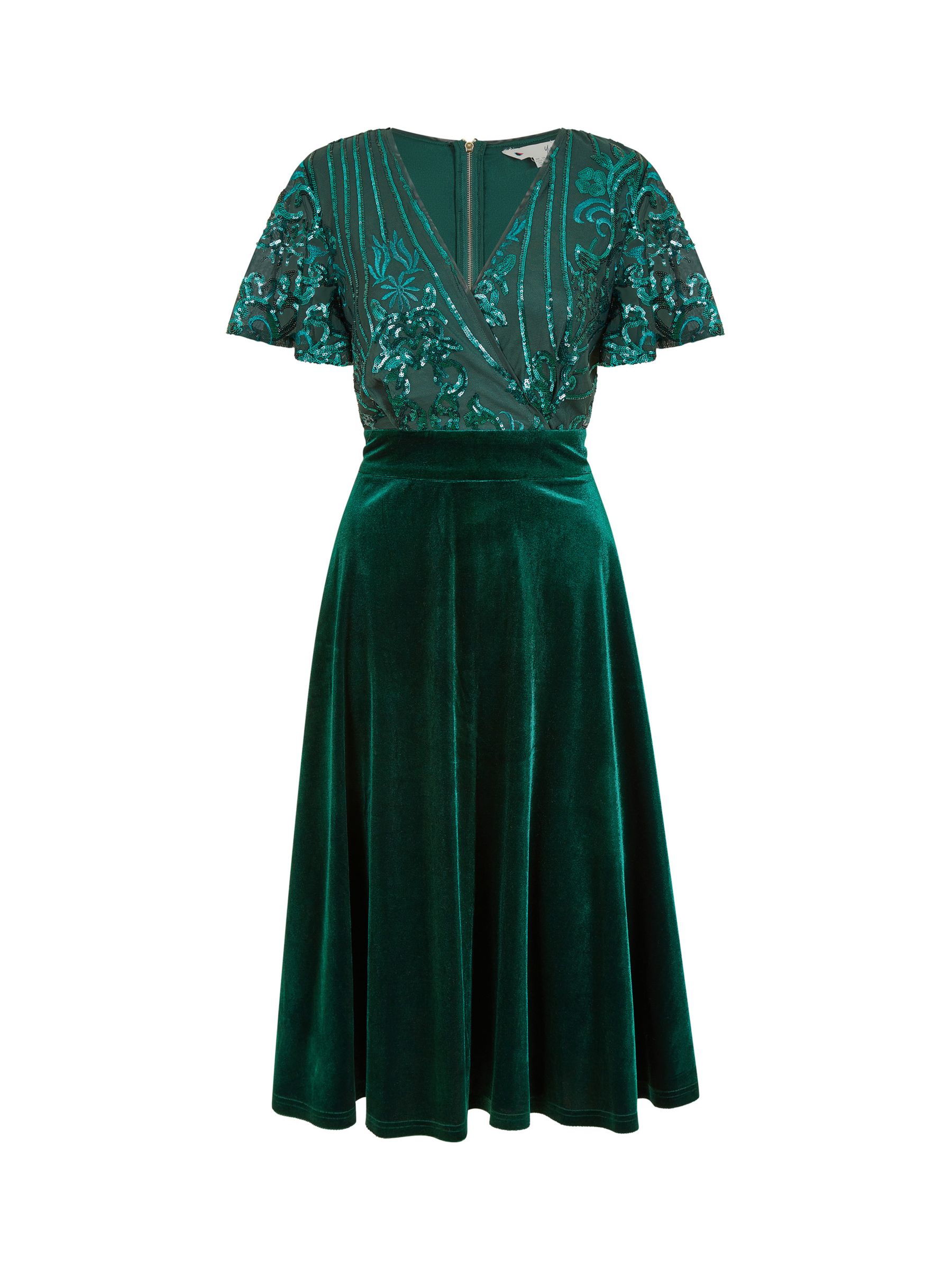 Yumi Embellished Velvet Midi Dress, Green at John Lewis & Partners