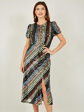 Yumi Rainbow Stripe Sequin Midi Dress, Multi