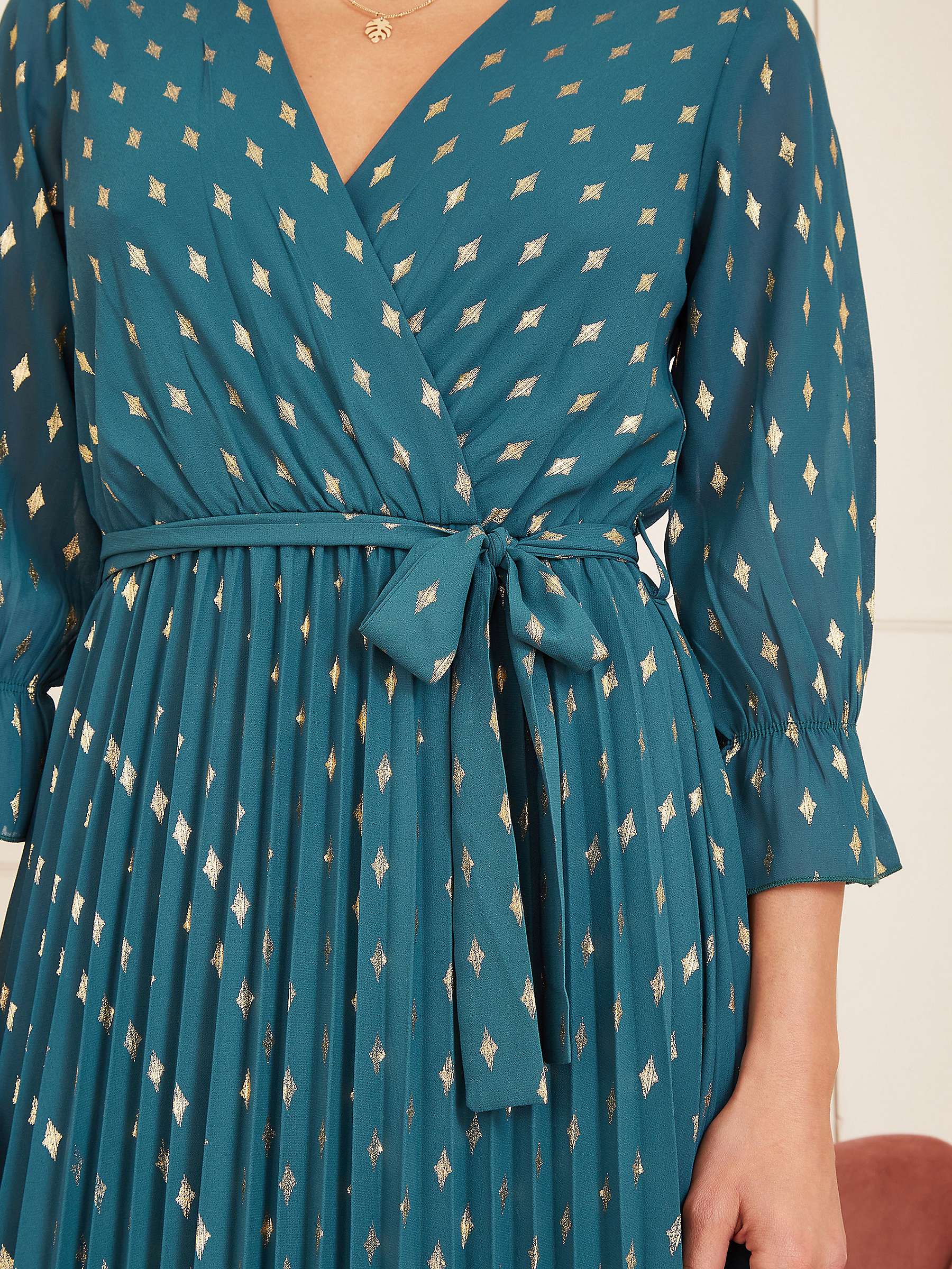 Buy Yumi Foil Geometric Print Pleated Maxi Dress, Teal/Gold Online at johnlewis.com