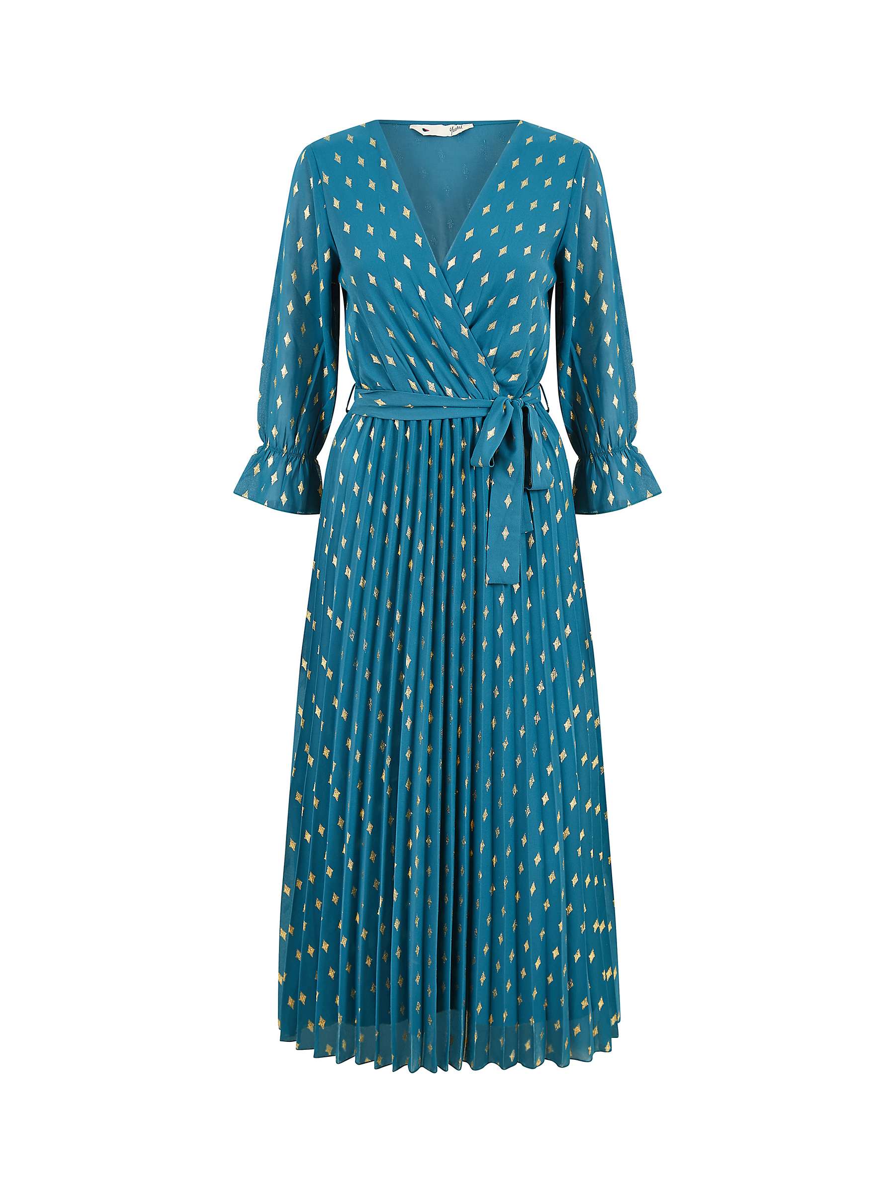 Buy Yumi Foil Geometric Print Pleated Maxi Dress, Teal/Gold Online at johnlewis.com