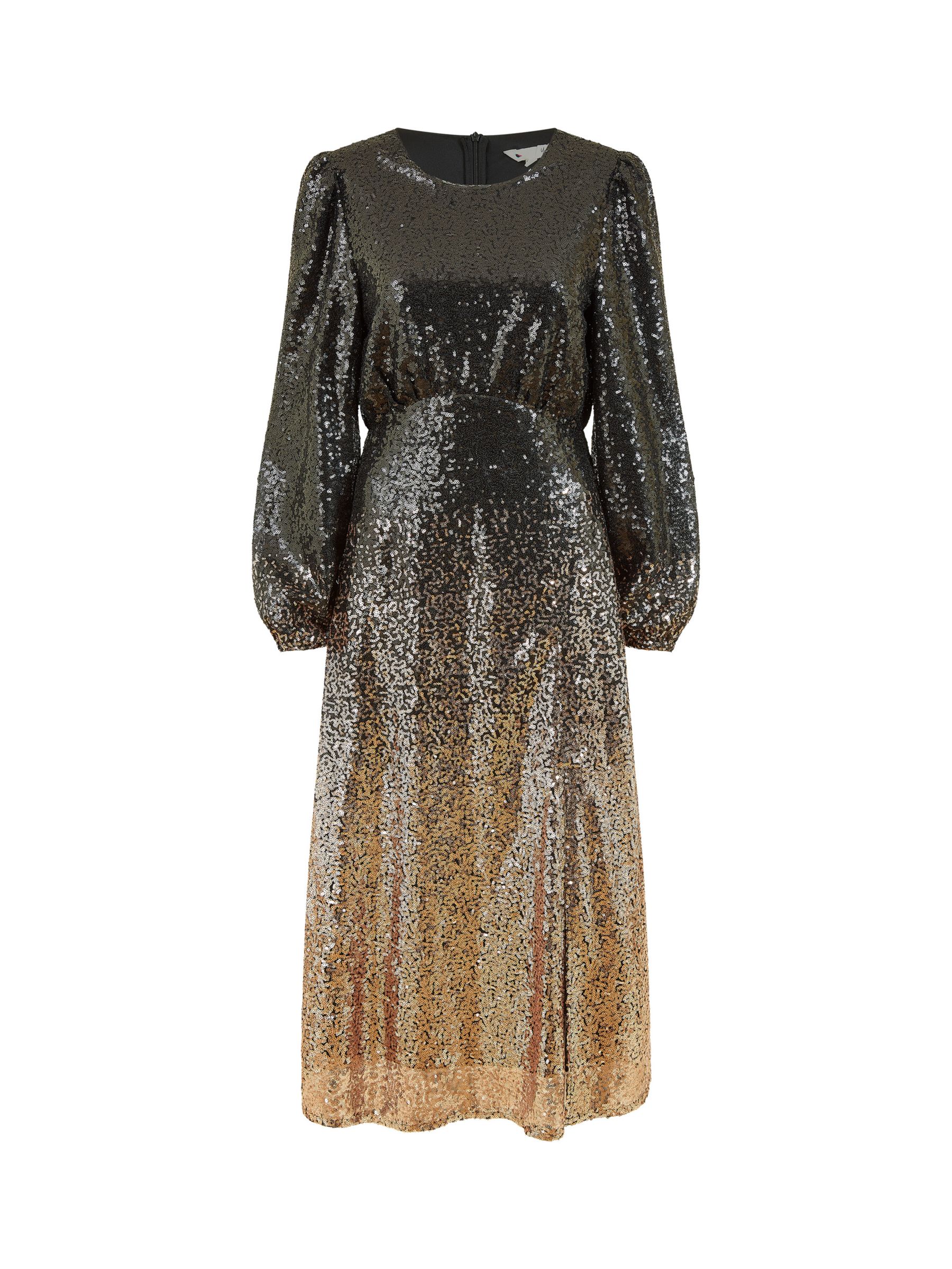Yumi Sequin Ombre Long Sleeve Midi Dress, Black/Gold at John Lewis ...