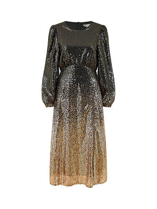 Yumi Sequin Ombre Long Sleeve Midi Dress, Black/Gold