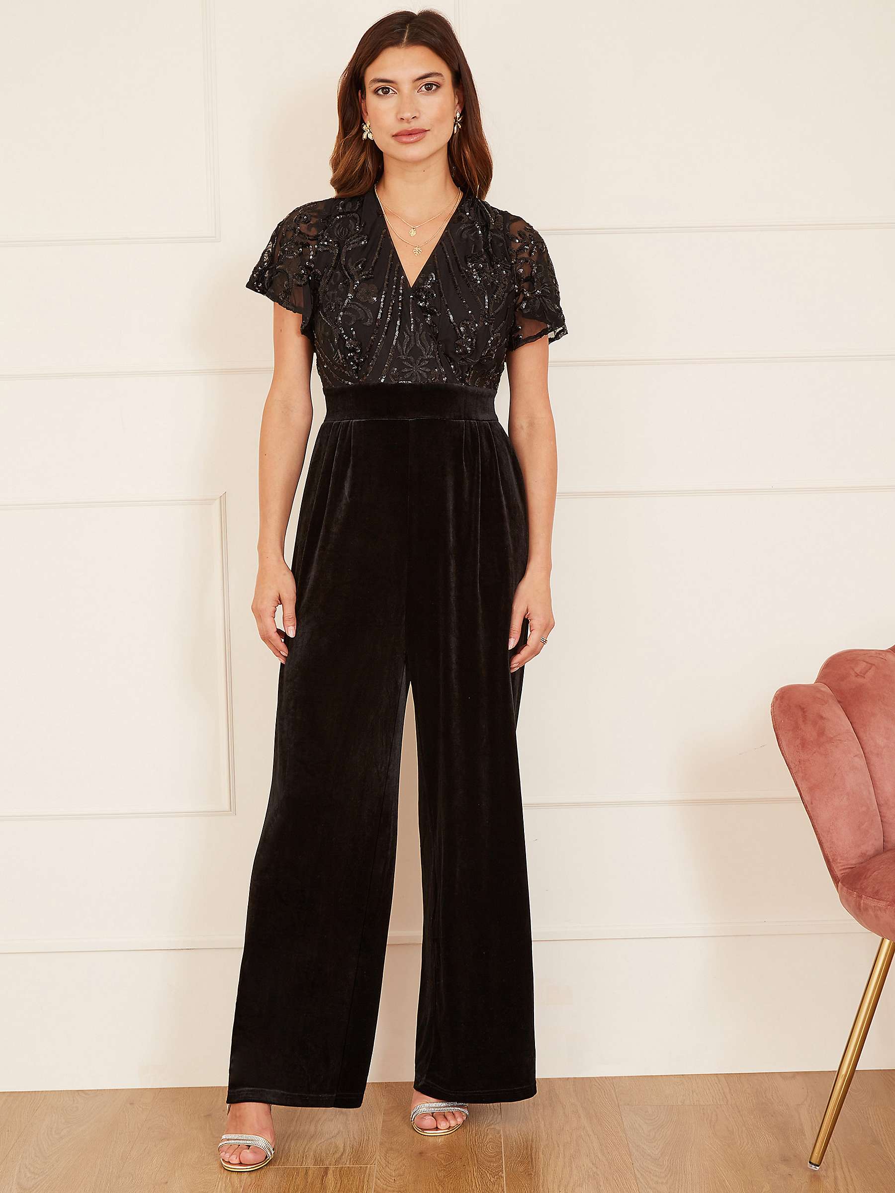 Yumi Sequin Embellished Velvet Jumpsuit, Black at John Lewis & Partners
