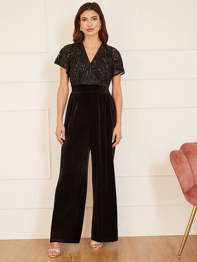 Yumi Sequin Embellished Velvet Jumpsuit, Black