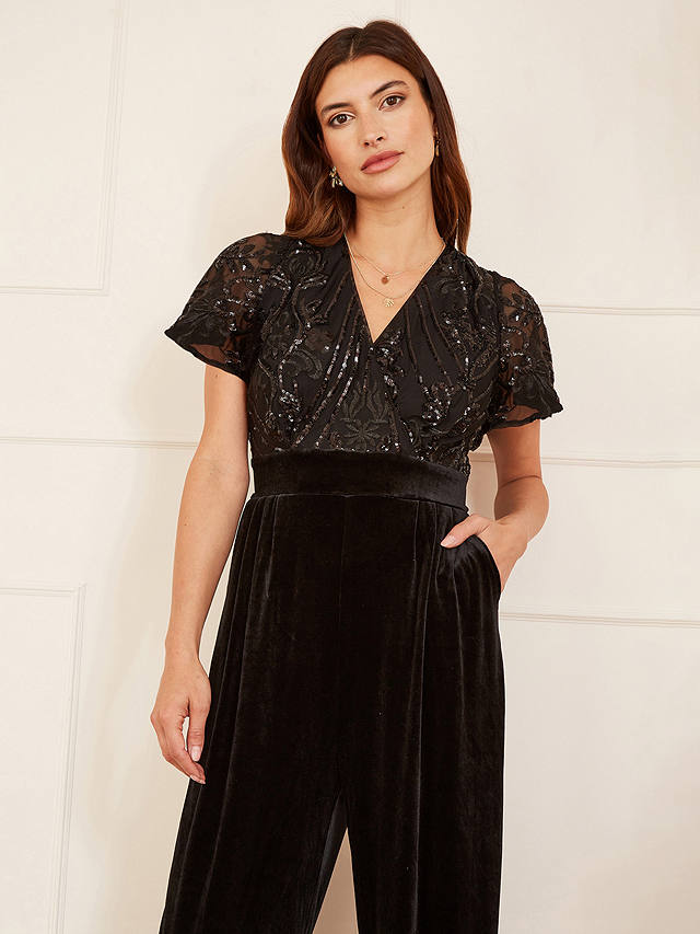 Yumi Sequin Embellished Velvet Jumpsuit, Black