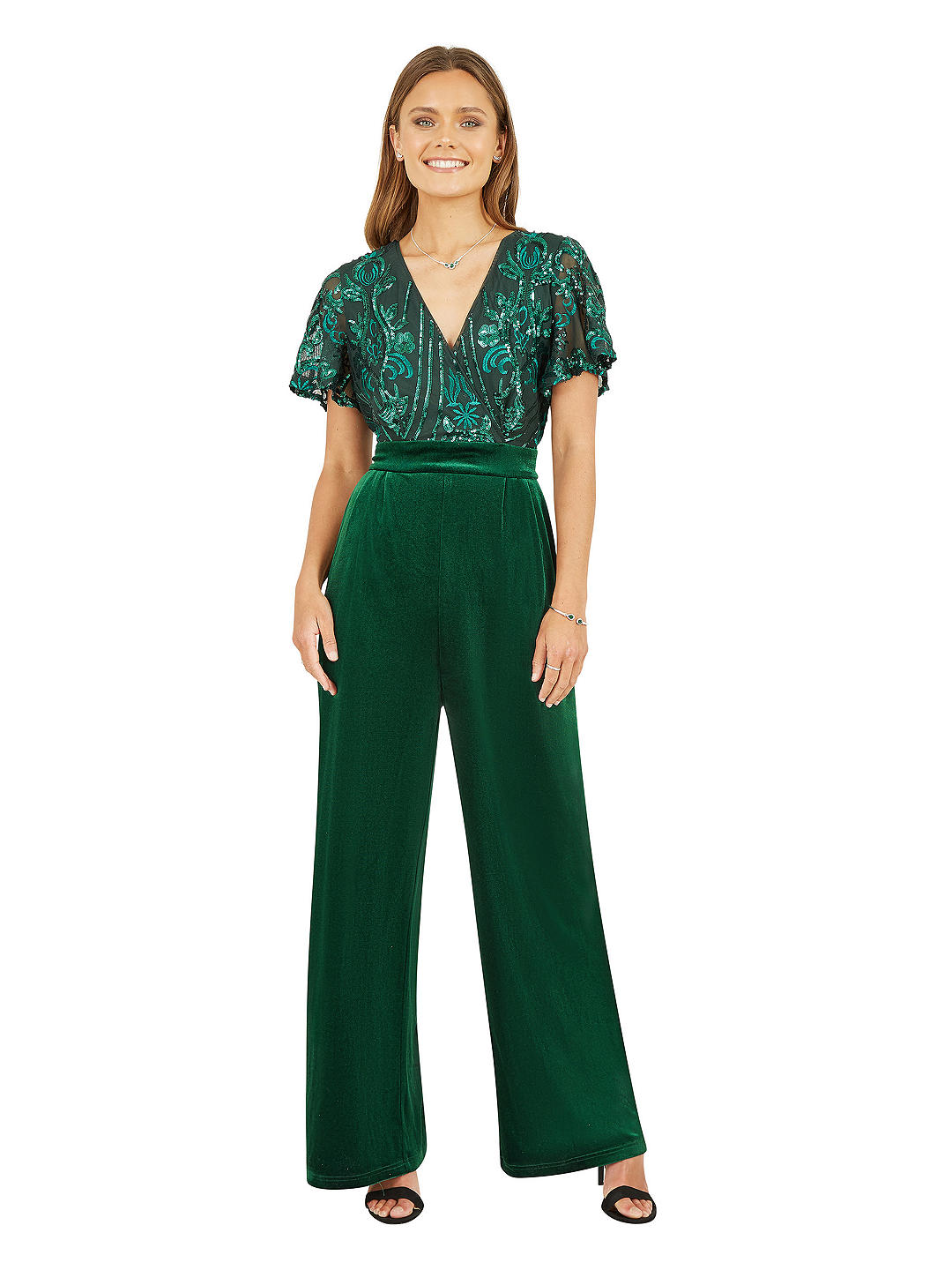 Yumi Sequin Embellished Velvet Jumpsuit, Green