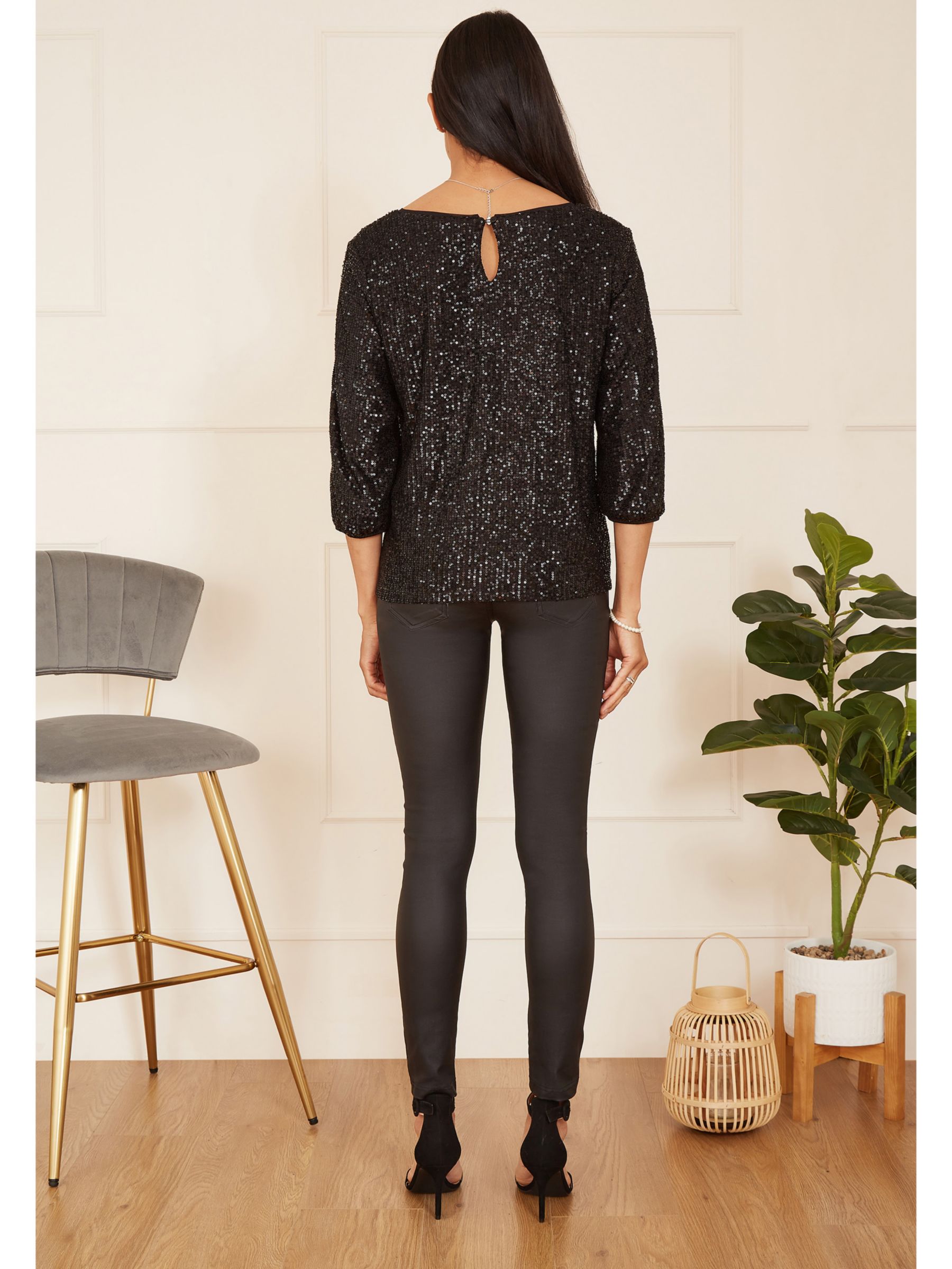 Yumi Sequin Slit Sleeve Top, Black at John Lewis & Partners