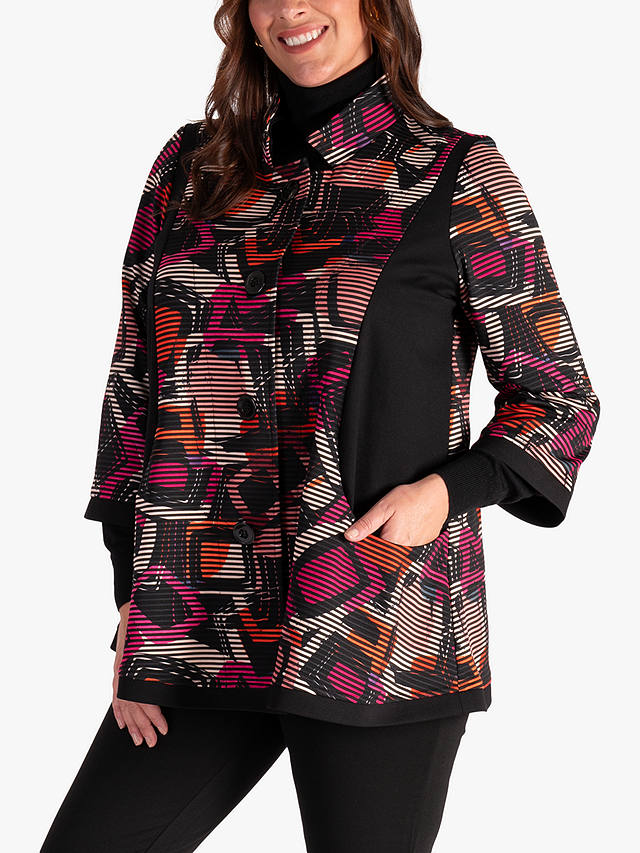 chesca Abstract Geometric Print Contrast Panels Jacket, Black/Peony
