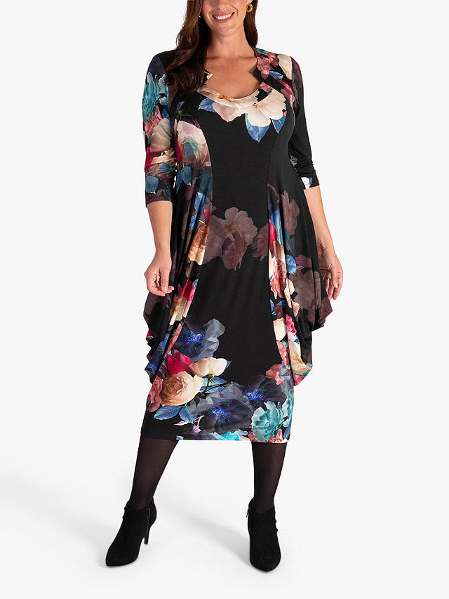 chesca Melody Rose Print Draped Jersey Dress, Black/Multi